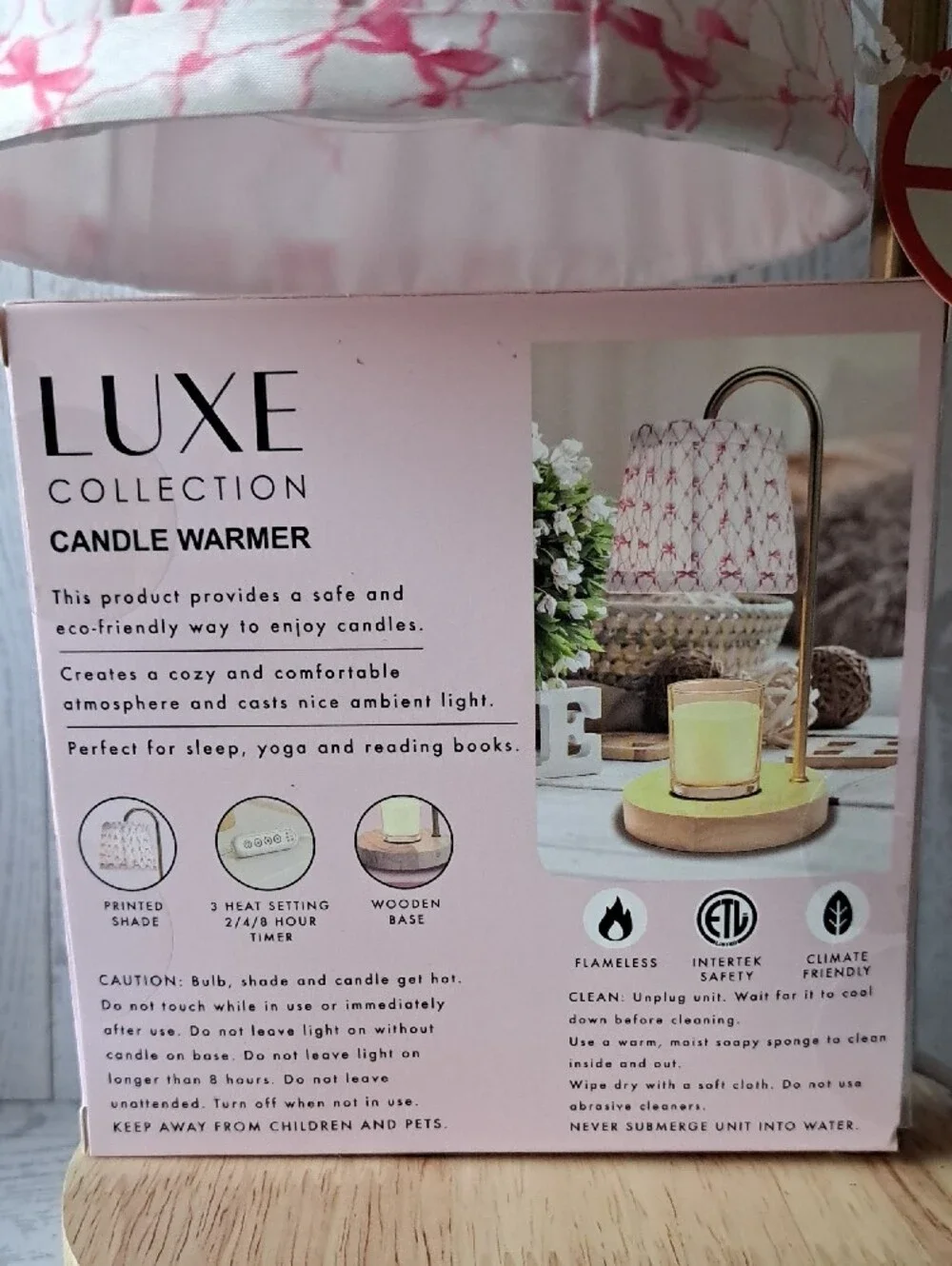 Flameless Candle Warmer With Pink Bow Lamp Print Fabric Shade Dimmer Timer
